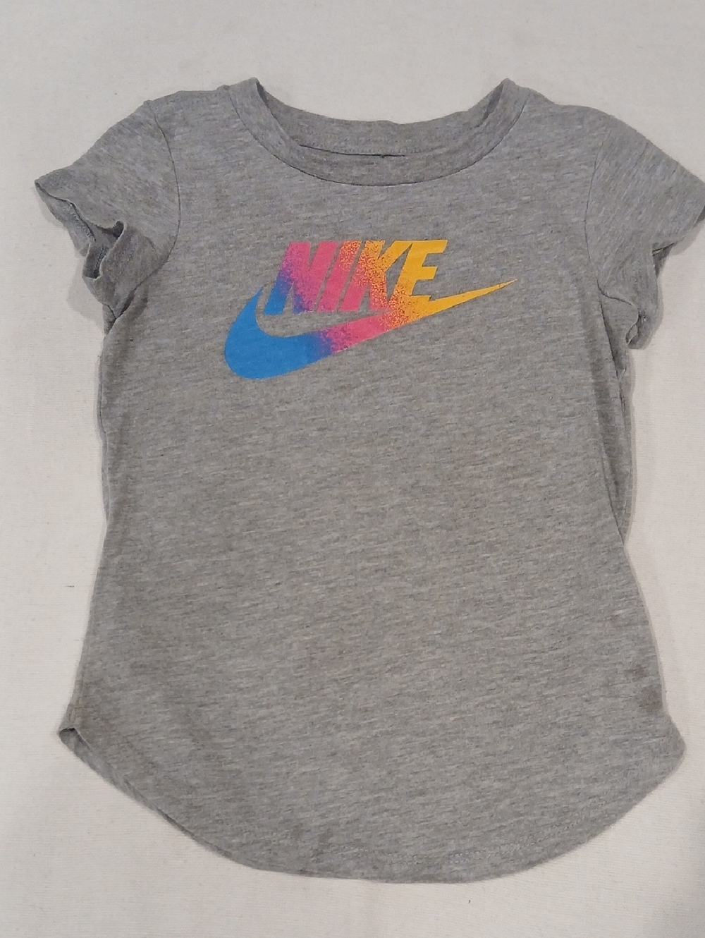 Nike Grey Tee with Blue, Pink & Yellow Gradient Logo